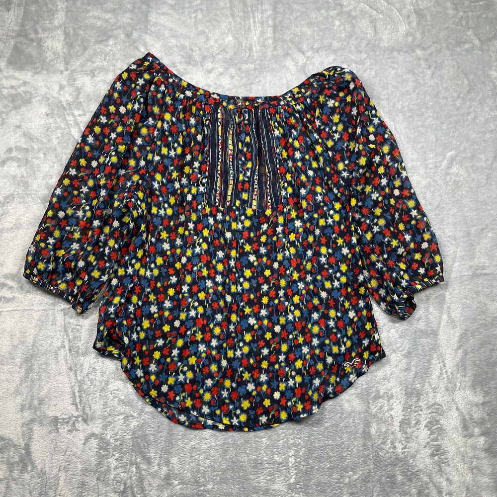 Hollister California Women Floral Print Shear Peasant Blouse Top Navy‎ M